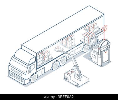 Robotic Arm and Forklift Taking a Cardboard Box in The Warehouse. Autonomous Robot Transportation operation service. Stock Vector