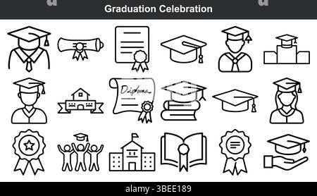 Graduation celebration icons set line art style Stock Vector