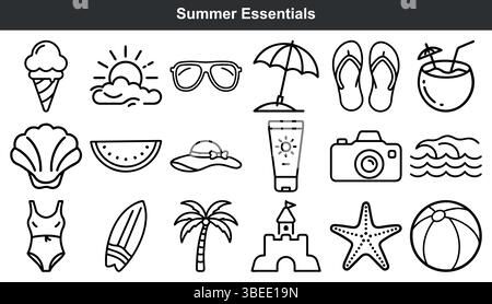 Summer vacation essentials icon set line art Stock Vector