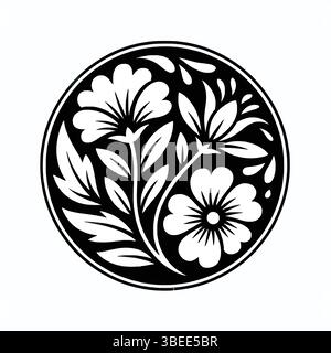 Decorative circular floral badge featuring detailed botanical elements for branding and ornamental projects Stock Vector
