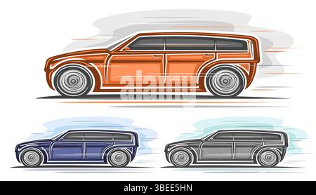 Vector futuristic SUV Cars set, horizontal automotive poster with three isolated simple clip art of exotic concept cars in moving, running hand drawn Stock Vector
