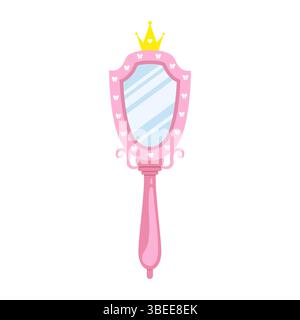 Princess mirror. Elegant handheld mirror with gold crown. Beauty tale. Teen and child girl self care accessory. Vector illustration in flat cartoon Stock Vector