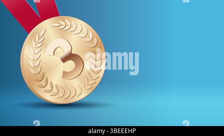 Bronze medal awards, copyspace background for tournament winner. Vector bronze medal with red ribbons isolated on blue background. Third place medal Stock Vector