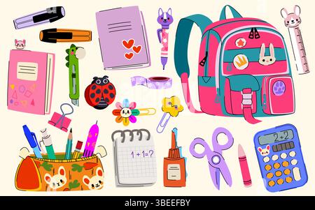 Cute school supplies sticker set. Colorful doodles stationery - backpack and calculator, notebook and pens, pencils and markers. Childish design educational tools for back to school projects Stock Vector