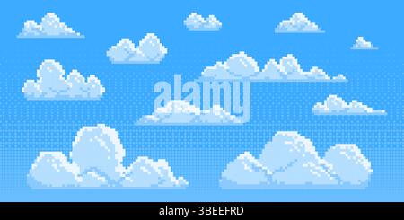Pixel clouds set for game background - fluffy cumulus cloudscape in 8 bit style. Cartoon sky elements, retro gaming sprites, pixelated aerial landscape assets. Decorative nostalgic pixelart designs. Stock Vector