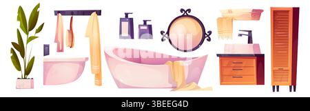 Cartoon bathroom interior set - bathtub with towel and toilet, wall mirror and hanging towels on hooks, soap dispensers, tall storage locker, green potted plant for modern home decoration elements. Stock Vector