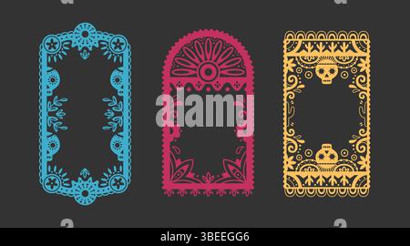 Mexican papel picado frame border set - blue rectangular cutout with flowers and leaves, pink arch design with sunburst motif, yellow rectangle with skull patterns for dia de muertos celebrations. Stock Vector