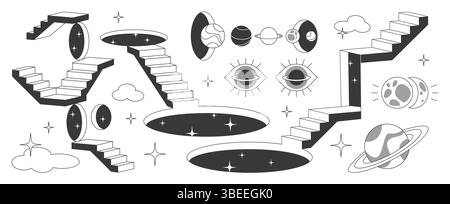 Surreal door portal elements collection - mystical staircases leading to cosmic gateways, floating eyes, planets with rings, starry voids and clouds. Monochrome abstract design for fantasy worlds. Stock Vector