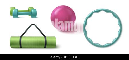 Colorful 3d gym equipment collection - green yoga mat with black strap, turquoise dumbbells pair, pink exercise ball and hula hoop for fitness training, home workout and strength building activities. Stock Vector