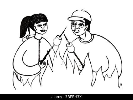 Man and woman roasting marshmallows on a fire. Holding branches with marshmallows strung over the fire. Hiking, Overnight stay in the forest, camping, Stock Photo