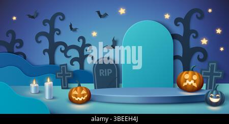 Halloween party podium display with turquoise arch backdrop, spooky carved pumpkins, RIP tombstone, cemetery crosses, burning candles on blue platform stage, flying bats on starry night sky. Stock Vector