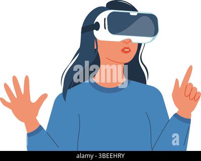 Illustration of a woman immersed in virtual reality, showcasing innovation and futuristic technology. Woman in VR glasses, meta universe of entertainm Stock Vector