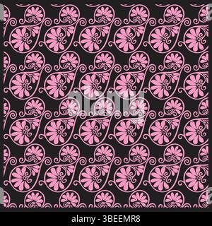 Pink floral paisley pattern design on black background elegant seamless decorative repeat Stock Vector