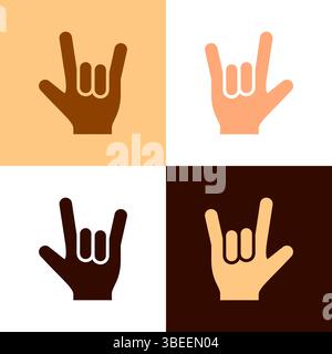 Human hand showing devil horns gesture, vector set icons in various colored skin. Stock Vector