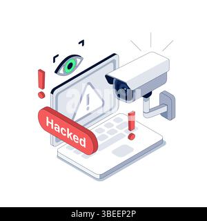 Cybersecurity breach with hacked CCTV camera. Privacy threat through remote control access. Vector isometric illustration Stock Vector