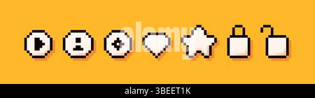 Seven pixel art icons. Play information target star lock and diamond. Stock Vector
