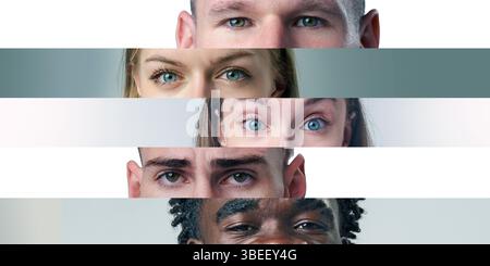 Diverse group of people showcasing various eye colors and expressions with a minimalist background Stock Photo