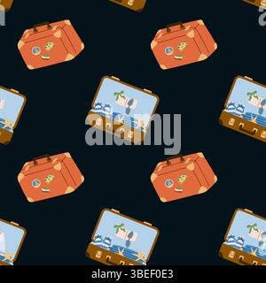 Colorful summer vacation sticker pattern featuring luggage and travel elements for creative designs. Stock Vector