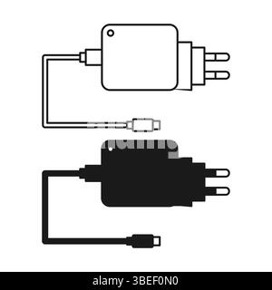 Simple Mobile Phone Charger Flat Black and Outline Style. Charger Icon on White Background. Stock Vector