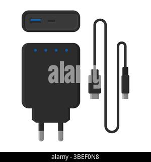 Black Mobile Phone Battery Charger Front and Top View Vector. Charger with Black Cable. Stock Vector