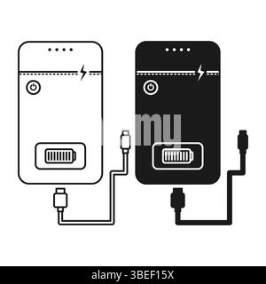 Simple Power Bank Black Flat and Outline Style. Power Bank Icon on White Background. Stock Vector