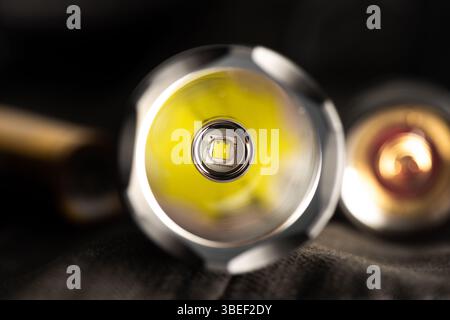 Close up LED of black LED flashlight. Stock Photo