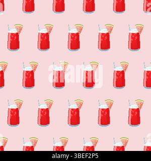 Seamless pattern in pixel art style featuring watermelon cocktail. Fun and vibrant design perfect for summer packaging, fabric or digital decoration. Stock Vector