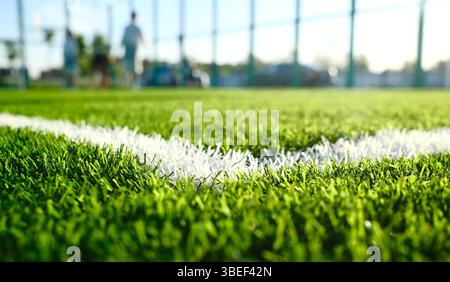 artificial green turf with white painted sports field boundary lines Stock Photo
