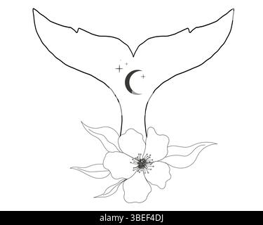Whale tail with flower circles stars and moon line sketch minimal geometric tattoo. Mermaid or ocean mammal with waves vintage. Vector illustration Stock Vector