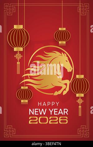 Vertical greeting card for 2026 with golden horse, traditional red lanterns and festive border in Chinese style. Stock Vector