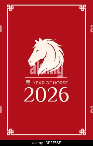 Stylish vertical red card with horse silhouette and 2026 Year of the Horse text, designed in Chinese traditional layout. Stock Vector