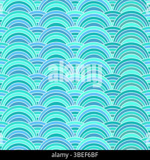 This vector artwork features a mesmerizing repeating pattern of semi-circle waves in various shades of blue, cyan, and teal, reminiscent of gentle oce Stock Vector