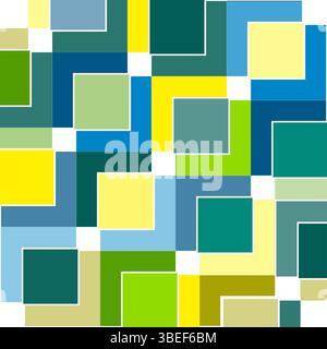 This vector artwork presents a striking geometric pattern composed of interlocking rectangular and square shapes in a bold color palette of teal, gree Stock Vector