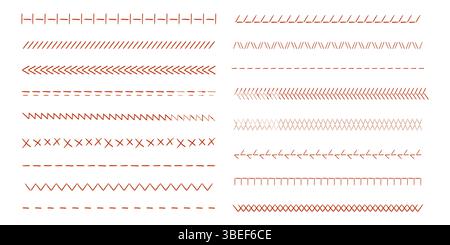 Stitch sewing machine, embroidery stitch border line zig zag hatch. Geometric fabric needlework, thread sew brushes, sewing seams. . Vector illustration Stock Vector