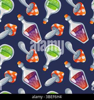 Seamless pattern with potion bottle and red fly agaric mushroom in cartoon style on blue background. Perfect for magical theme, Halloween packaging Stock Vector