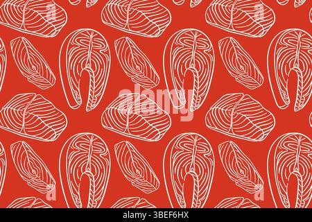 Seamless pattern with salmon fillet and steak in line art style on red background. Perfect for seafood packaging, restaurant menu, kitchen design and Stock Vector