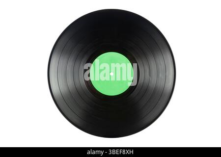 Vinyl record with green label, isolated on white background. Stock Photo