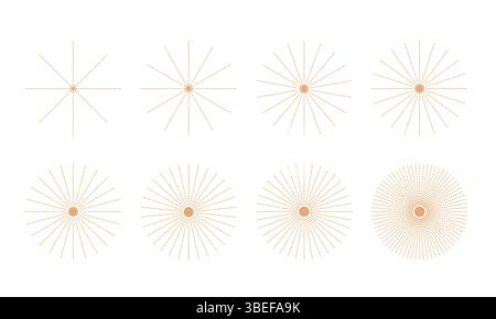 Radial circle sunburst, star explosion, sun beams logo, badge. Abstract simple geometric dotted round star rays. Stock Vector