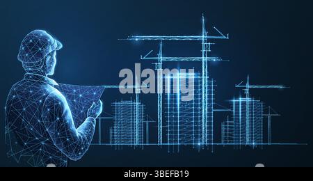 Digital construction site sketch with excavator. Building 3D Printing, Building Information Modeling Stock Vector