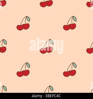 Ripe cherries on beige background. Seamless pattern with berries in retro style. Summer fruit print, vector graphic Stock Vector