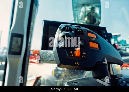 Control Panel Inside Agricultural Machinery Vehicle Agricultural Equipment and Technology View of the Driver's Seat. Stock Photo