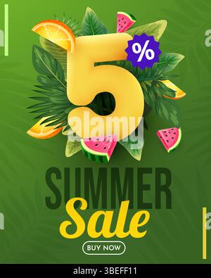 Summer sale vector design. Summer sale with 5 percent's 3d discount text with beach elements. Stock Vector