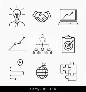 Outline icons set representing business growth, teamwork, global strategy and innovation, Ideal for corporate, marketing and planning visuals, vector Stock Vector