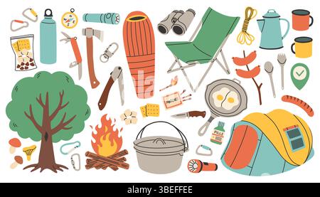 Camping and hiking simple set. Hand drawn elements outfit, tent, campfire, tree, sleeping bag. Perfect for scrapbooking, craft projects, posters, tags Stock Vector