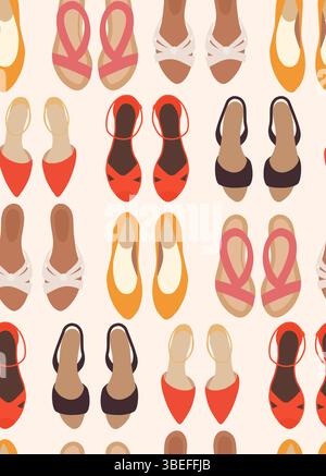 Seamless vector pattern with stylish womens shoes. Bright flat illustration of trendy sandals and ballet flats. Perfect for wrapping paper, textile Stock Vector