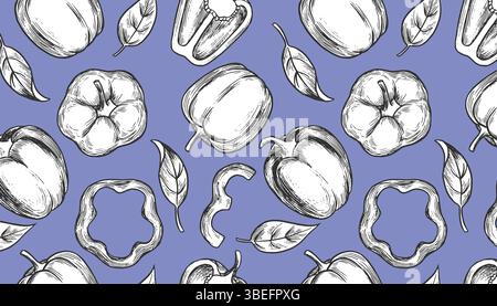 Bell Pepper Horizontal Pattern on Blue Background Stock Vector
