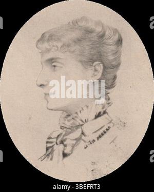 Louise Abbéma's 1880 portrait of Sarah Bernhardt showcases the iconic French actress in a dignified and thoughtful pose. The painting captures Bernhardt's theatrical presence, emphasizing her unique expression and the delicate rendering of her features. Stock Photo