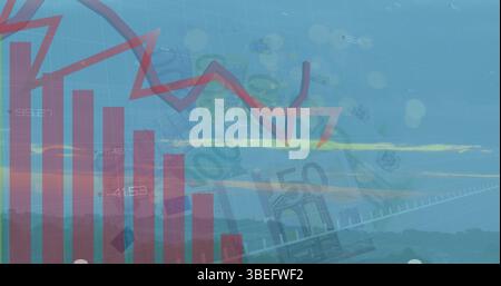 Image of graphs over moving dots and euro banknotes Stock Photo