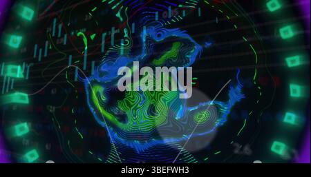 Image of moving waves and financial graphs over black background Stock Photo