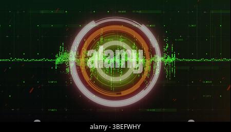 Digital image of data processing over neon round scanner against black background Stock Photo